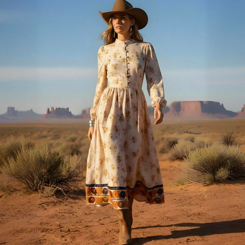 Women's Vintage Print Long Sleeve Maxi Dress