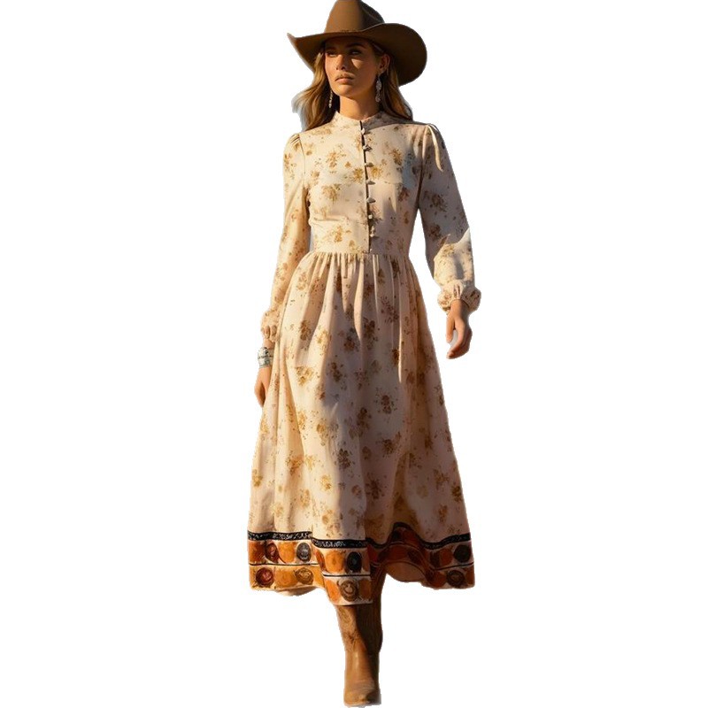 Women's Vintage Print Long Sleeve Maxi Dress